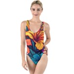 Hibiscus Flowers Colorful Vibrant Tropical Garden Bright Saturated Nature High Leg Strappy Swimsuit