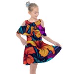 Hibiscus Flowers Colorful Vibrant Tropical Garden Bright Saturated Nature Kids  Shoulder Cutout Chiffon Dress