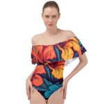 Hibiscus Flowers Colorful Vibrant Tropical Garden Bright Saturated Nature Off Shoulder Velour Bodysuit 