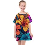 Hibiscus Flowers Colorful Vibrant Tropical Garden Bright Saturated Nature Kids  One Piece Chiffon Dress