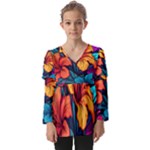 Hibiscus Flowers Colorful Vibrant Tropical Garden Bright Saturated Nature Kids  V Neck Casual Top