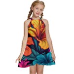 Hibiscus Flowers Colorful Vibrant Tropical Garden Bright Saturated Nature Kids  Halter Collar Waist Tie Chiffon Dress