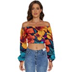 Hibiscus Flowers Colorful Vibrant Tropical Garden Bright Saturated Nature Long Sleeve Crinkled Weave Crop Top