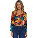 Hibiscus Flowers Colorful Vibrant Tropical Garden Bright Saturated Nature Long Sleeve V-Neck Top