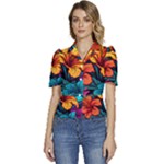 Hibiscus Flowers Colorful Vibrant Tropical Garden Bright Saturated Nature Puffed Short Sleeve Button Up Jacket