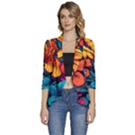 Hibiscus Flowers Colorful Vibrant Tropical Garden Bright Saturated Nature Women s 3/4 Sleeve Ruffle Edge Open Front Jacket