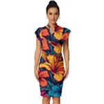 Hibiscus Flowers Colorful Vibrant Tropical Garden Bright Saturated Nature Vintage Frill Sleeve V-Neck Bodycon Dress