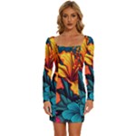 Hibiscus Flowers Colorful Vibrant Tropical Garden Bright Saturated Nature Long Sleeve Square Neck Bodycon Velvet Dress