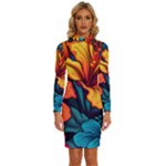 Hibiscus Flowers Colorful Vibrant Tropical Garden Bright Saturated Nature Long Sleeve Shirt Collar Bodycon Dress