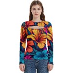 Hibiscus Flowers Colorful Vibrant Tropical Garden Bright Saturated Nature Women s Cut Out Long Sleeve T-Shirt