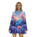 Nature Night Bushes Flowers Leaves Clouds Landscape Berries Story Fantasy Wallpaper Background Sampl Round Neck Long Sleeve Bohemian Style Chiffon Mini Dress