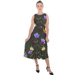 Bird Flower Plant Nature Midi Tie-Back Chiffon Dress