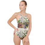 Books Flowers Book Flower Flora Floral High Neck One Piece Swimsuit