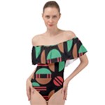 Abstract Geometric Pattern Off Shoulder Velour Bodysuit 