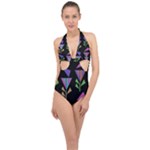 Abstract Pattern Flora Flower Halter Front Plunge Swimsuit