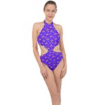 Abstract Background Cross Hashtag Halter Side Cut Swimsuit