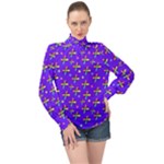 Abstract Background Cross Hashtag High Neck Long Sleeve Chiffon Top