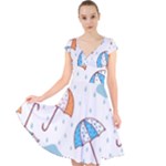 Rain Umbrella Pattern Water Cap Sleeve Front Wrap Midi Dress