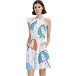 Rain Umbrella Pattern Water Cocktail Party Halter Sleeveless Dress With Pockets