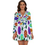 Bloom Plant Flowering Pattern Long Sleeve V-Neck Chiffon Dress 