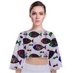 Fish Abstract Colorful Tie Back Butterfly Sleeve Chiffon Top