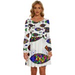 Fish Abstract Colorful Long Sleeve Wide Neck Velvet Dress