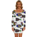 Fish Abstract Colorful Long Sleeve Square Neck Bodycon Velvet Dress