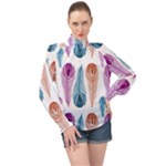 Pen Peacock Colors Colored Pattern High Neck Long Sleeve Chiffon Top