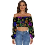 Pattern-repetition-snail-blue Long Sleeve Crinkled Weave Crop Top