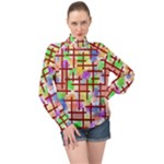 Pattern-repetition-bars-colors High Neck Long Sleeve Chiffon Top