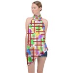 Pattern-repetition-bars-colors Halter Asymmetric Satin Top