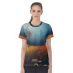 Wildflowers Field Outdoors Clouds Trees Cover Art Storm Mysterious Dream Landscape Women s Cotton T-Shirt