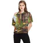 Room Interior Library Books Bookshelves Reading Literature Study Fiction Old Manor Book Nook Reading One Shoulder Cut Out T-Shirt