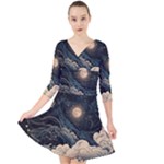 Starry Sky Moon Space Cosmic Galaxy Nature Art Clouds Art Nouveau Abstract Quarter Sleeve Front Wrap Dress