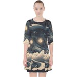Starry Sky Moon Space Cosmic Galaxy Nature Art Clouds Art Nouveau Abstract Quarter Sleeve Pocket Dress
