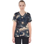 Starry Sky Moon Space Cosmic Galaxy Nature Art Clouds Art Nouveau Abstract Women s V-Neck Scrub Top