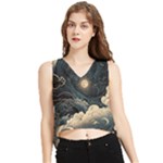 Starry Sky Moon Space Cosmic Galaxy Nature Art Clouds Art Nouveau Abstract V-Neck Cropped Tank Top