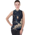 Starry Sky Moon Space Cosmic Galaxy Nature Art Clouds Art Nouveau Abstract Mock Neck Chiffon Sleeveless Top