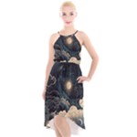 Starry Sky Moon Space Cosmic Galaxy Nature Art Clouds Art Nouveau Abstract High-Low Halter Chiffon Dress 