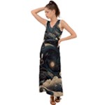 Starry Sky Moon Space Cosmic Galaxy Nature Art Clouds Art Nouveau Abstract V-Neck Chiffon Maxi Dress