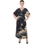 Starry Sky Moon Space Cosmic Galaxy Nature Art Clouds Art Nouveau Abstract V-Neck Boho Style Maxi Dress