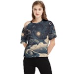 Starry Sky Moon Space Cosmic Galaxy Nature Art Clouds Art Nouveau Abstract One Shoulder Cut Out T-Shirt