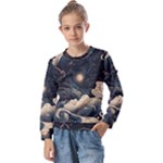 Starry Sky Moon Space Cosmic Galaxy Nature Art Clouds Art Nouveau Abstract Kids  Long Sleeve T-Shirt with Frill 