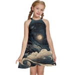 Starry Sky Moon Space Cosmic Galaxy Nature Art Clouds Art Nouveau Abstract Kids  Halter Collar Waist Tie Chiffon Dress