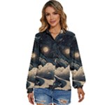 Starry Sky Moon Space Cosmic Galaxy Nature Art Clouds Art Nouveau Abstract Women s Long Sleeve Button Up Shirt