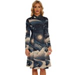 Starry Sky Moon Space Cosmic Galaxy Nature Art Clouds Art Nouveau Abstract Long Sleeve Shirt Collar A-Line Dress