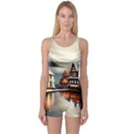 Village Reflections Snow Sky Dramatic Town House Cottages Pond Lake City One Piece Boyleg Swimsuit