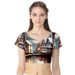 Village Reflections Snow Sky Dramatic Town House Cottages Pond Lake City Short Sleeve Crop Top