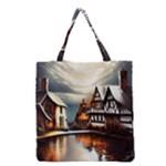 Village Reflections Snow Sky Dramatic Town House Cottages Pond Lake City Grocery Tote Bag