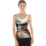 Village Reflections Snow Sky Dramatic Town House Cottages Pond Lake City Women s Basic Tank Top
